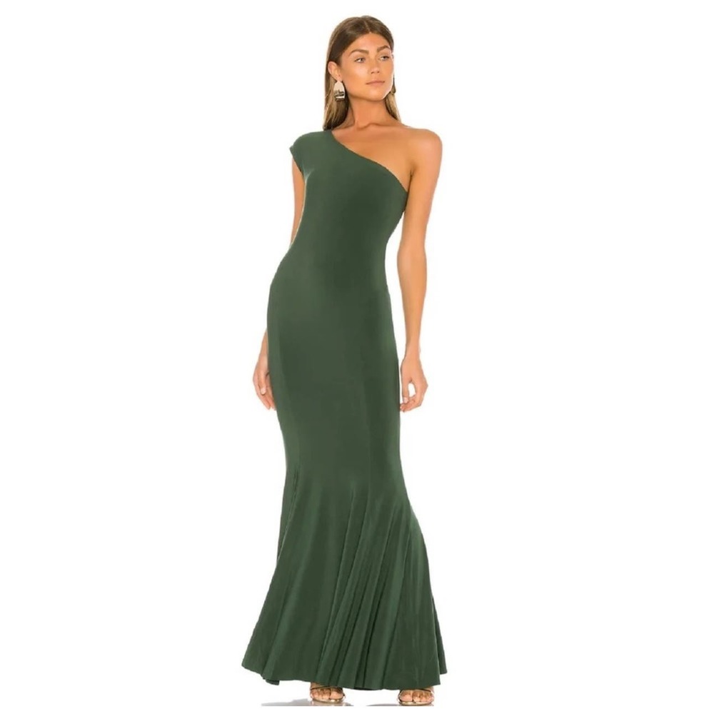 Norma Kamali Size M Green One Shoulder Fishtail Maxi Gown Dres
